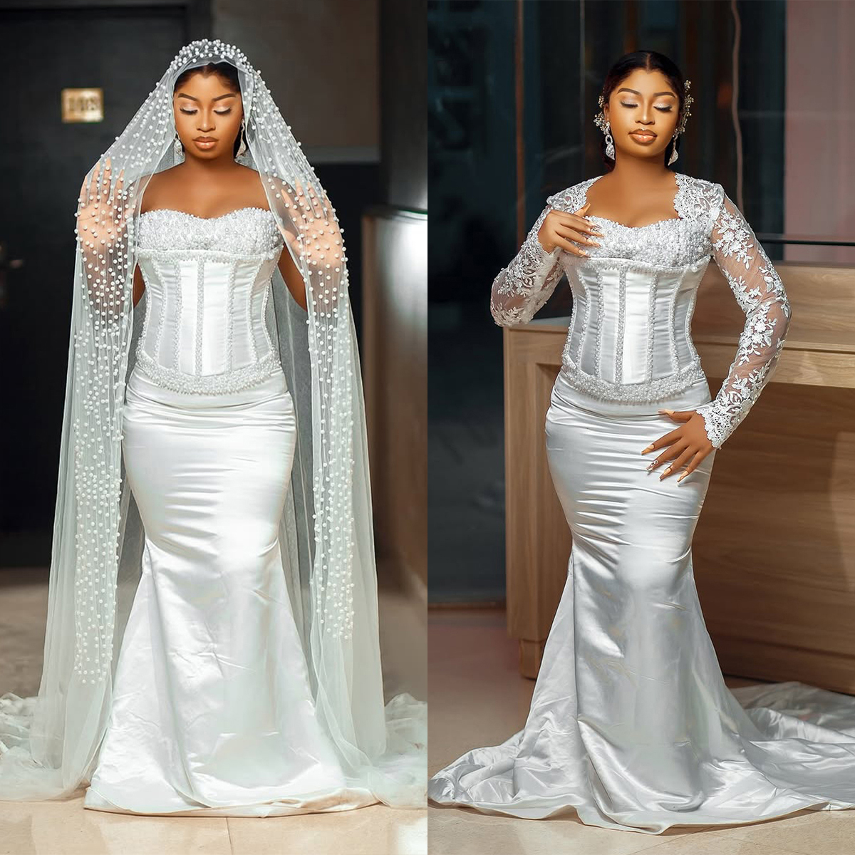 Perle perlée satin sirène robes de mariée, plus la taille gaine robes de mariée sans bretelles avec veste en dentelle robes de mariée formelles r