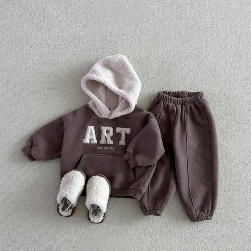 6973 Ins Korean Children Clothing Set 2025 Autumn Winter Color Matching Plush Hooded Boys Suit Fleece Sweater Pant H2512082-image-1087715225