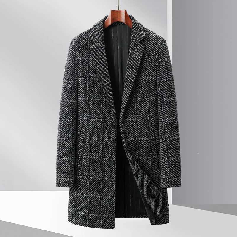 Classic Style Men Plaid Wool Coat Dark and Light Gray Checked Pattern Outfits Soft Warm Overcoat For Winter Autumn OuterwearXJ251204