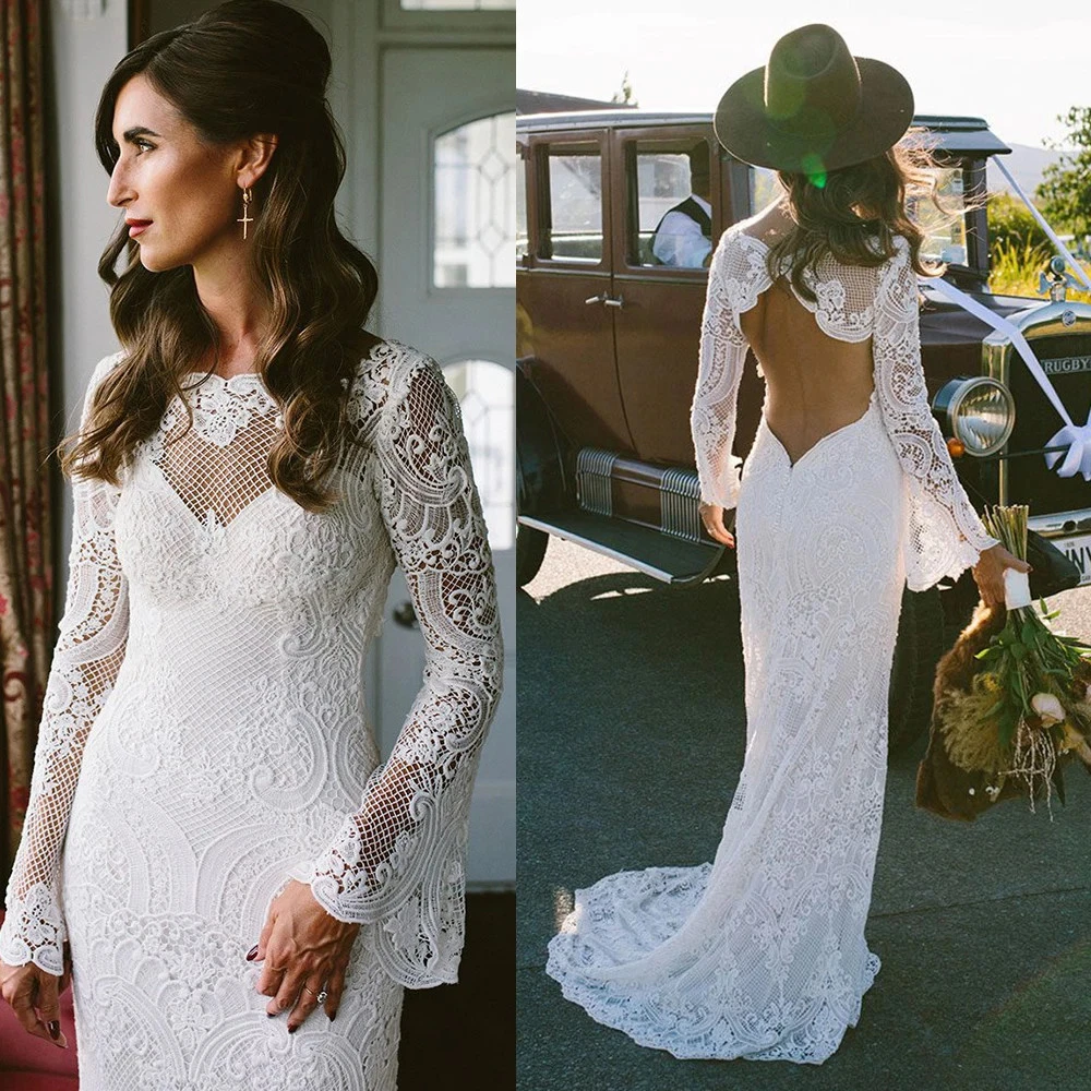 Boho Crochet Coton Dentelle Robes De Mariée Sirène À Manches Longues Flare Dos Nu Plage Robes De Mariée Court Train Sexy Robe De Mariée Blanche S