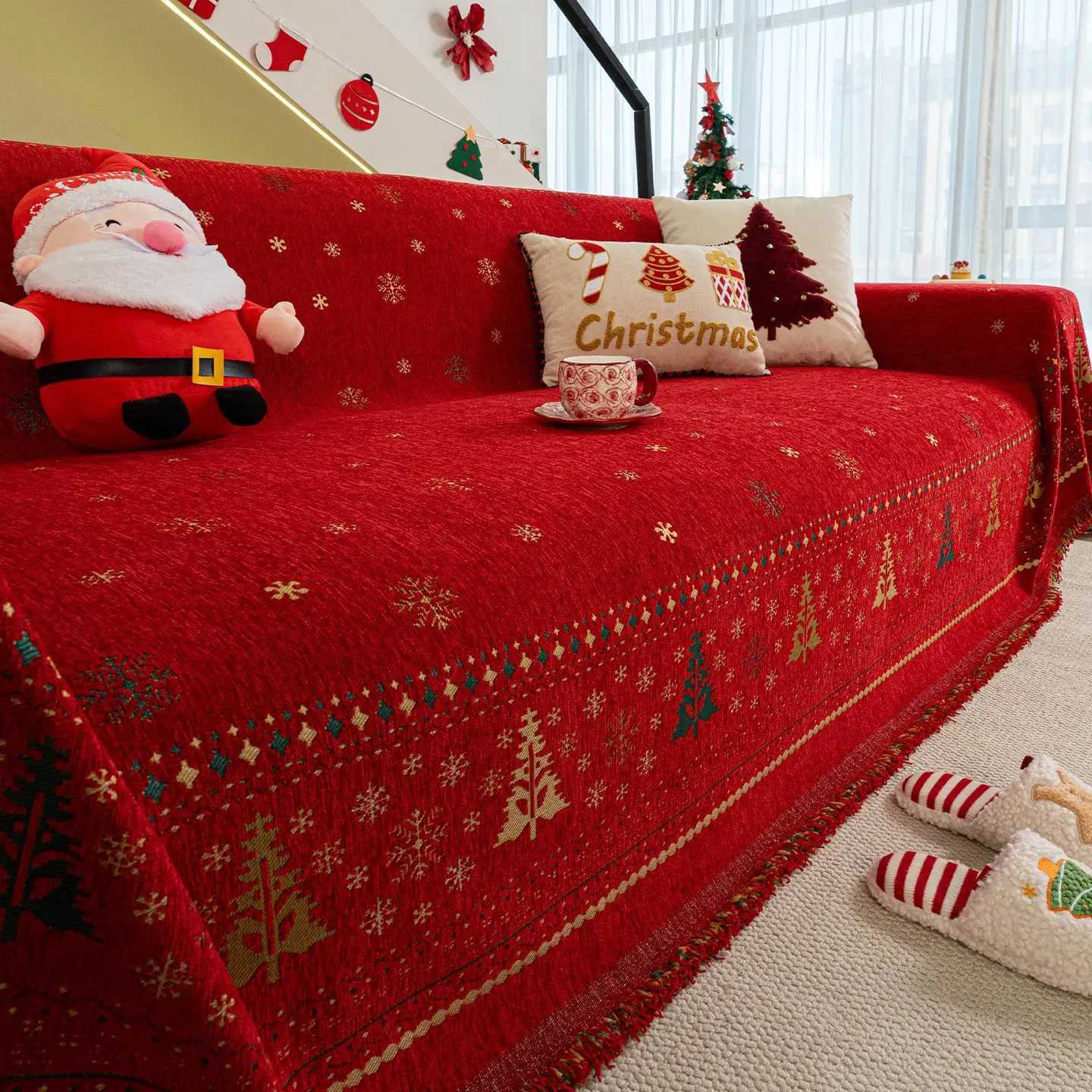 Christmas-Style Thickened Full-Cover Chenille Sofa Cover Red Festive Full Universal Sofa Towel Multifunctional Decor Blankets M251204-image-1087200904
