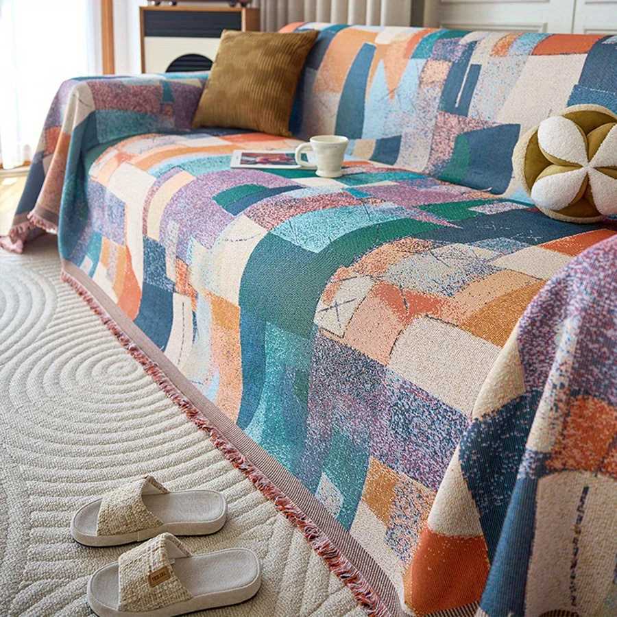 1pc Geometric Pattern Sofa Towel Chenille Sofa Throw Blanket With Tassels Four Seasons Universal Anti Cat Scratch Sofa Protector M251204-image-1087197372