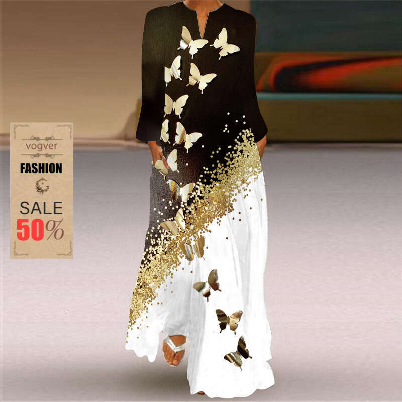 Robe de luxe de styliste pour femmes, nouvelle collection printemps automne été 2026, col en v, manches longues, poches imprimées, robe ample