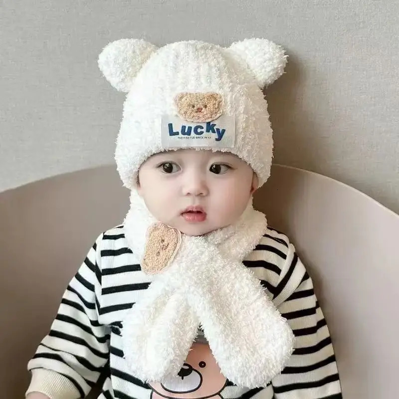 Baby hats scarves cute little bear for autumn and winter thick warm earprotecting boys girls 251204