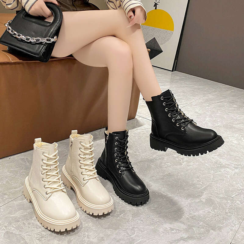 Women's Fleece Lined Short Boots Autumn Winter New British Style Thick Sole Lightweight Warm Cotton Boots Chunky Heel Versatile Ladies Casual S