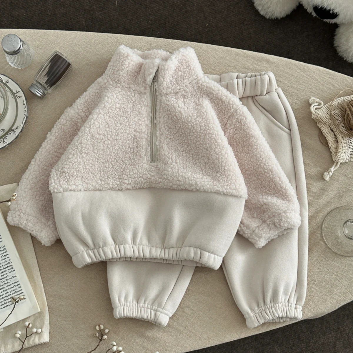 Bébé décontracté Simple agneau polaire haut à manches longues et pantalon de couleur abricot tenue enfant en bas âge ensemble de vêtements pour b