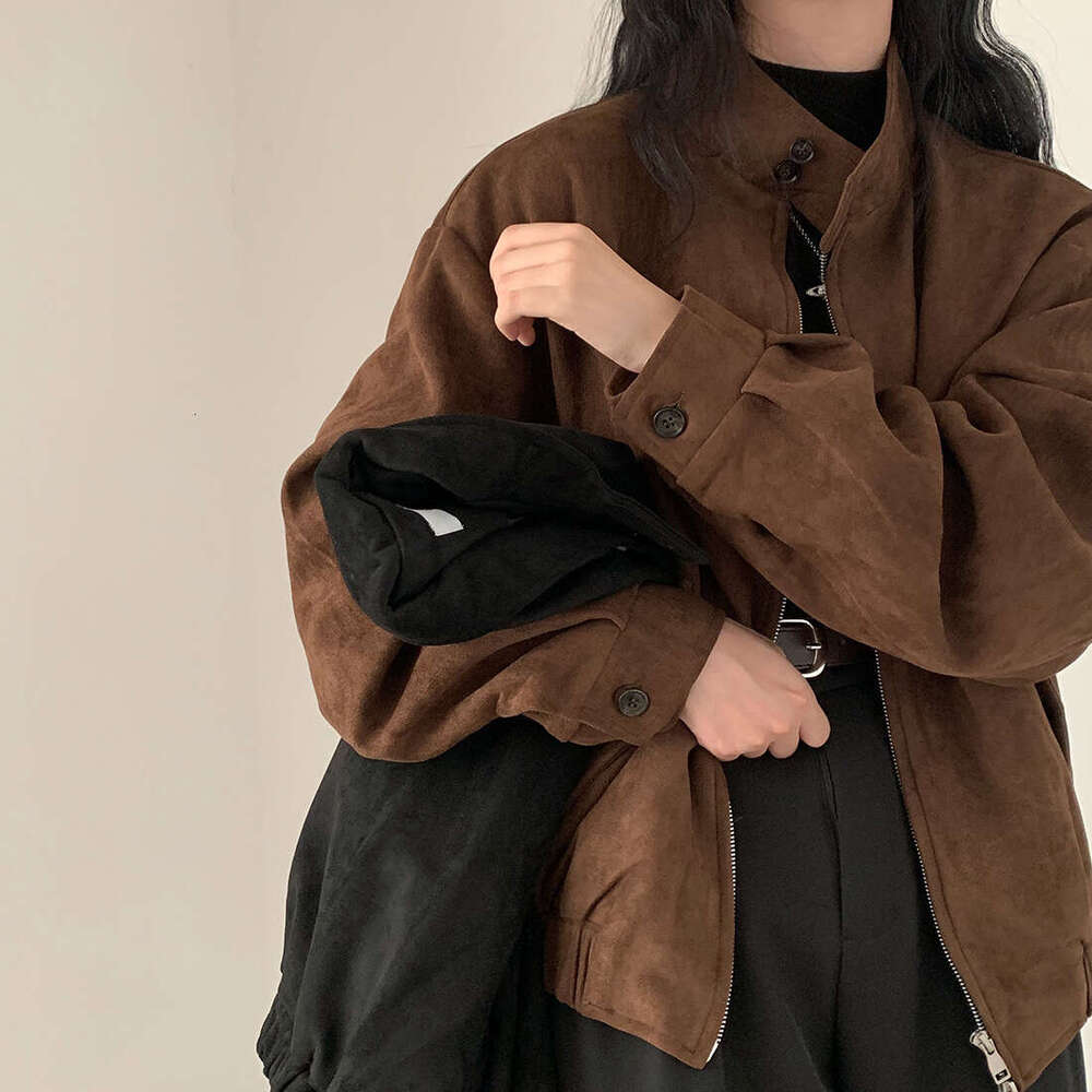 Veste en daim chaude à Double fermeture éclair pour femme, Style moto rétro britannique INS coréen INS, automne hiver, belle doublure polaire, B5