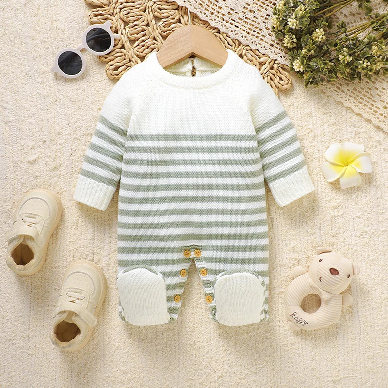 Combinaisons à pieds pour bébés Rayures de mode Tricot né Garçons Filles Barboteuses Vêtements Une pièce Enfant en bas âge Outwear Combishorts 01