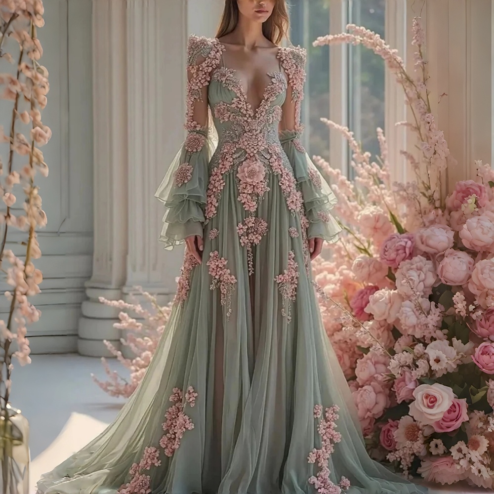 Romantic Pink Floral Lace Prom Dresses Appliques Flare Sleeves Sage Tulle A-Line Long Formal Party Evening Gowns Sheer Neckline Elegant Reception Dr