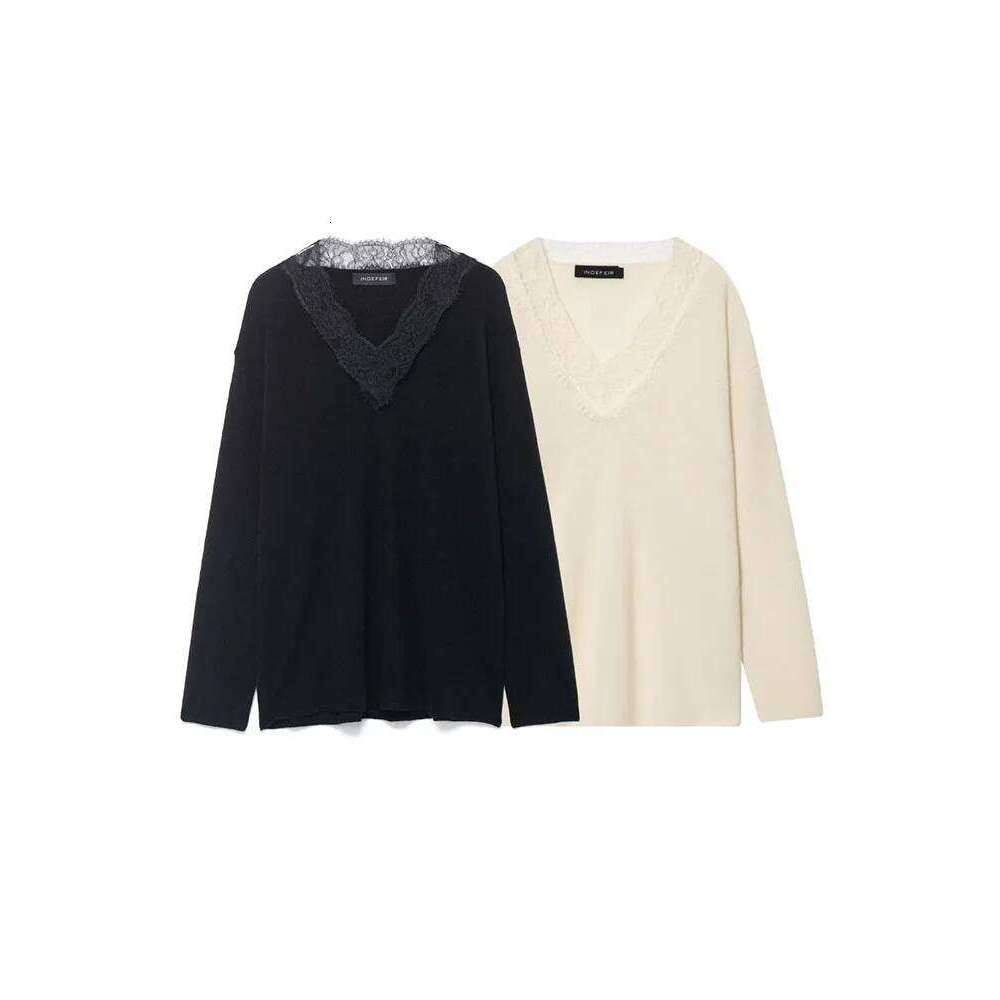 Pull tricoté en laine mélangée et dentelle pour femmes, deux couleurs, col en V, pour les déplacements, les loisirs, hauts confortables de luxe,