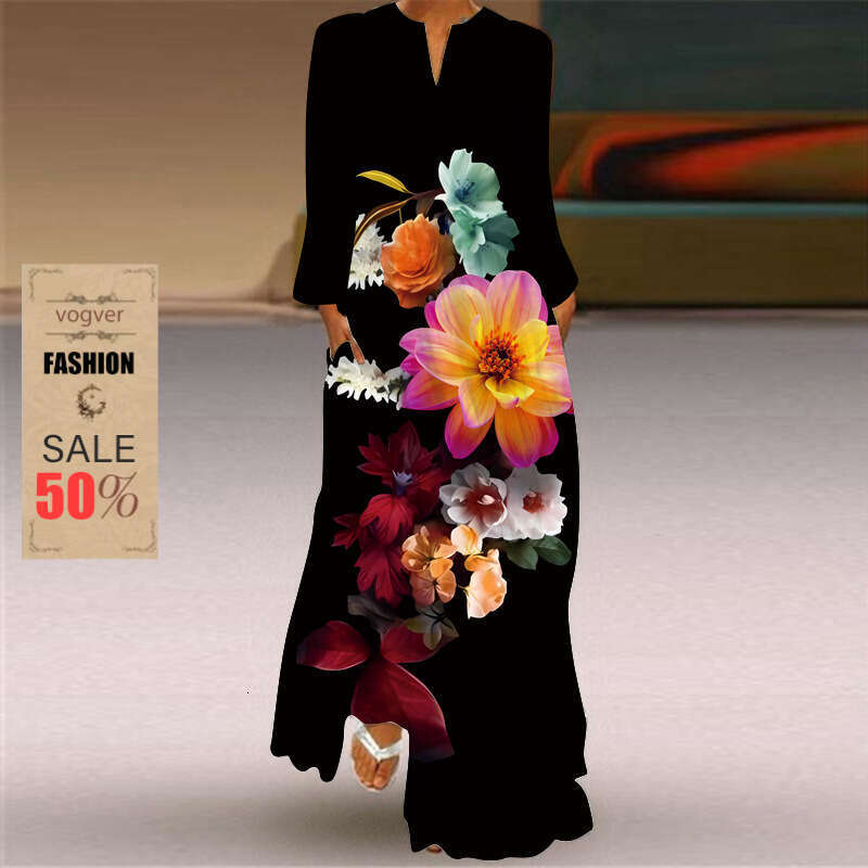 Dress for Women Designer Luxury Spring 2026 Summer New V-neck Long Sleeve Pocket Printed Loose Dress Print Casual
