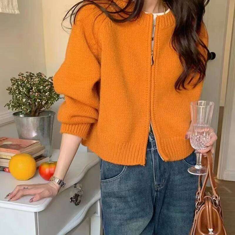 Short Sweet O Neck Solid Color Korean Women's Sweater Cardigan Spring And Autumn Casual Simple Fashion New Zipper Knitted Coat