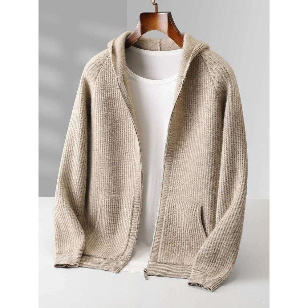 Manteau à fermeture éclair pour hommes, haute qualité, 100% laine mérinos, pull tricoté à capuche, Cardigan épais décontracté, nouveaux hauts Mdn