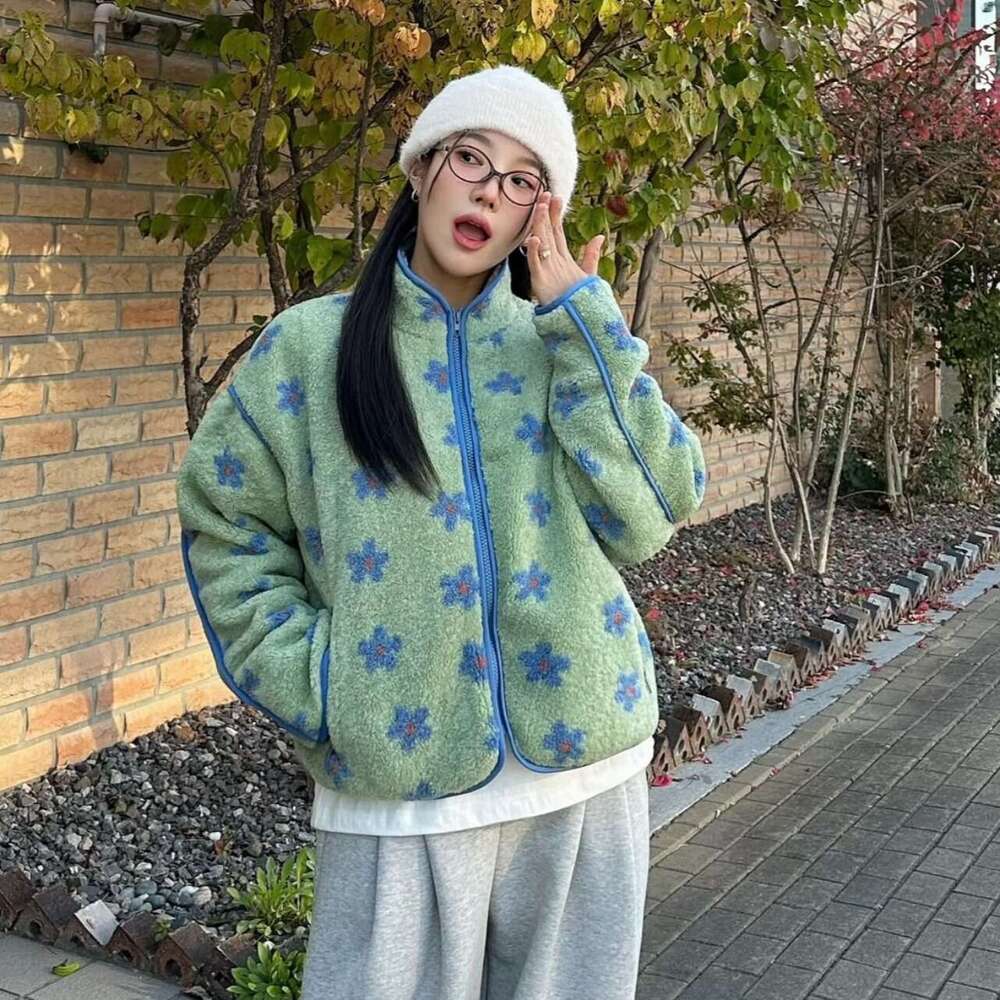 INS hiver nouvelle Version coréenne rétro rajeunissant mignon fleur bleue laine d'agneau veste chaude manteau en coton B5
