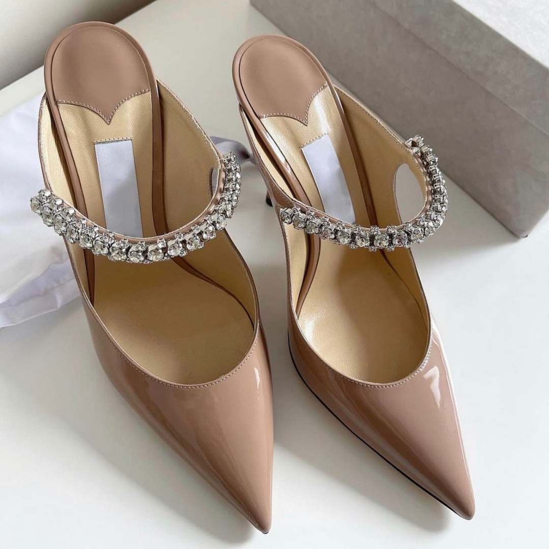 Designer high heels JC pointed toe mesh rhinestone high heels 7cm 9cm branded high heels black and white genuine leather pearl straight stiletto hee