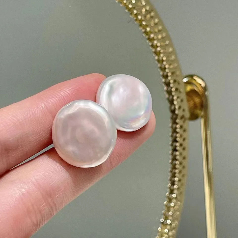 Natural freshwater Baroque pearl irregular round button stud 925 sterling silver Earrings Fine Jewelry Gift for Women 13-14mm EC 251201