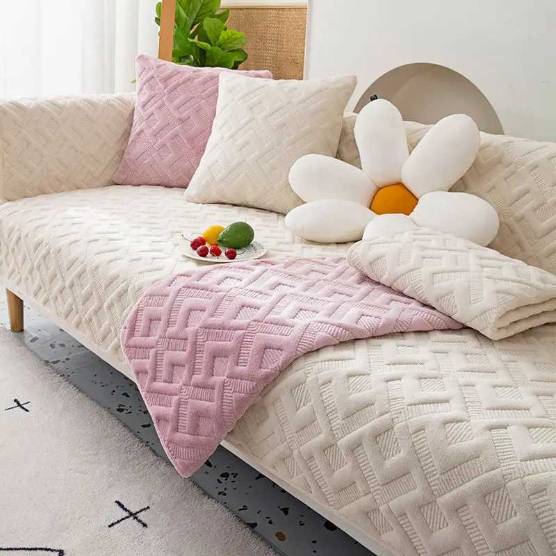 Autumn and Winter Milk Velvet Plaid Sofa Cover Plush Thickening Living Room Sofa Cushion Hot Selling Furniture Protective Covers M251204-image-1087200242