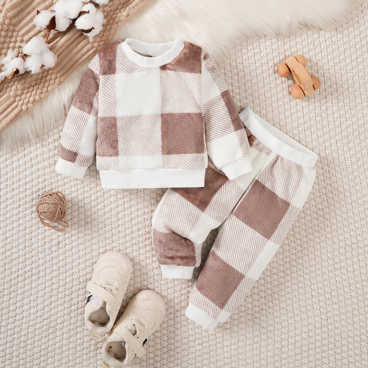 Costume en peluche pour bébé garçon, haut à carreaux gris et blanc, ensemble de 2 pièces, adapté aux vêtements chauds d'hiver de 024 mois, 251204