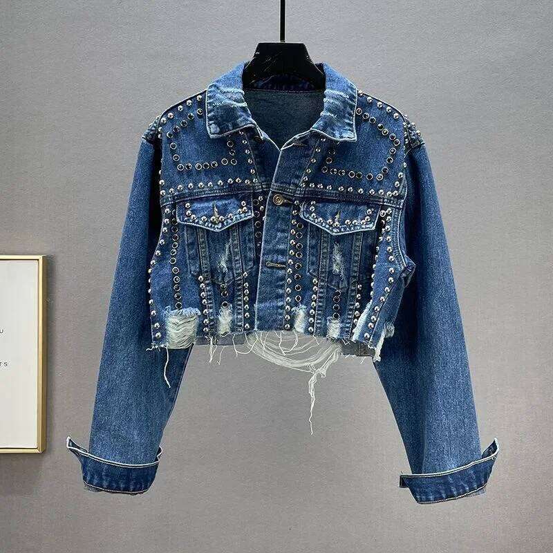 Spring Autumn New Women S Denim High Quality Rivet Studded Women Worn Nail Bead Casual Jean Jacket Top Luxury