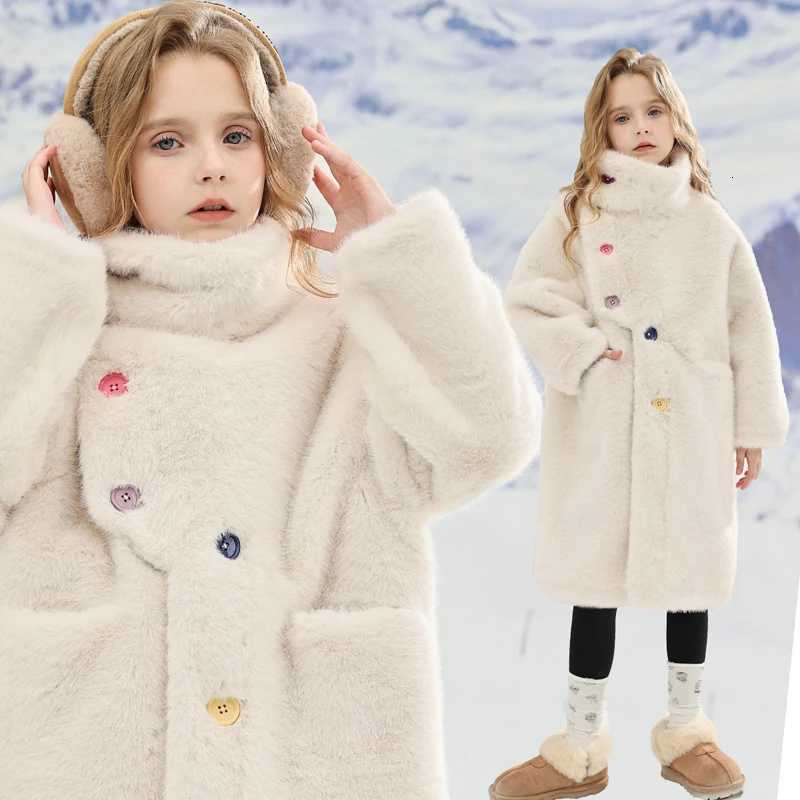 -30 Winter Fake Fur Girls Leather Jacket Long Solid Color Thick Warm Windbreaker Coat For 5-12Y Teen Girls Fashion Snowsuit Z251204