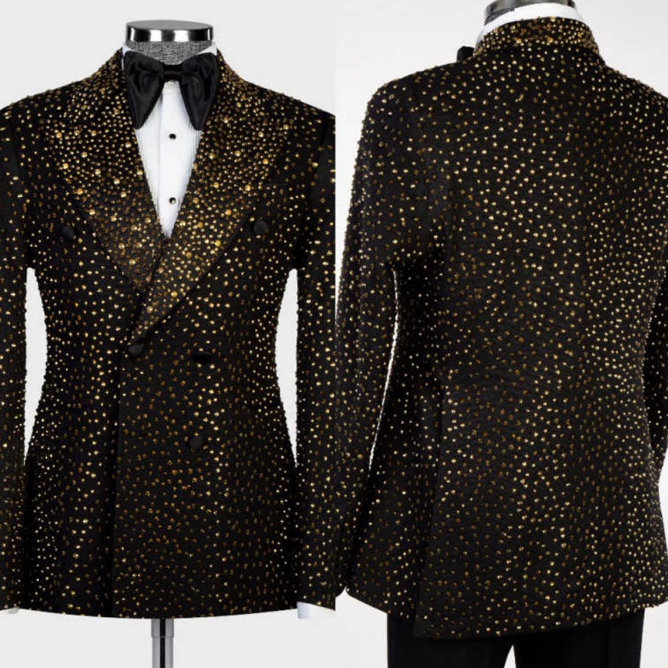 Costumes de luxe pour hommes 2 pièces élégants personnalisés cristaux de perles Double boutonnage coupe ajustée costumes de mariage marié affaire