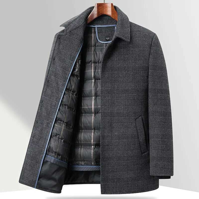 2024 Winter New Mens Checkered Medium Long Woolen Coat with Thick Velvet for Warmth and Leisure Detachable Down Inner TankXJ251204