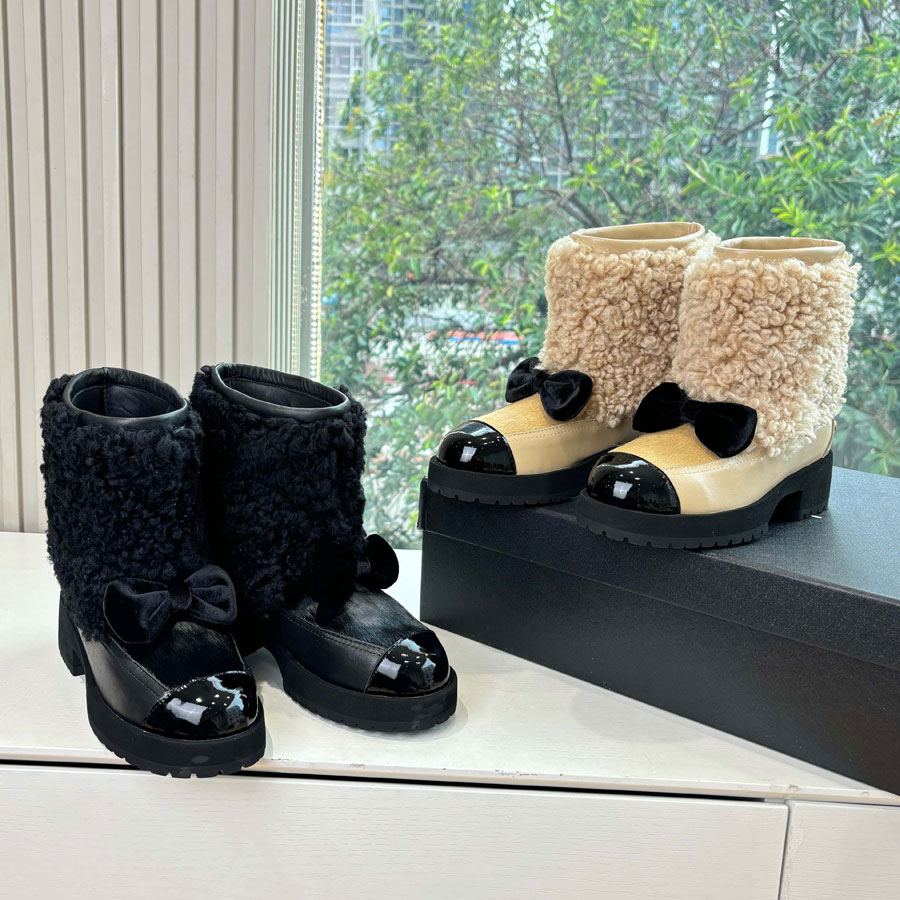 Top qualité nouveau cuir véritable Bow mode laine d'agneau talon épais bottines femmes à la mode Combat Knight bottes de luxe chaussures de créat
