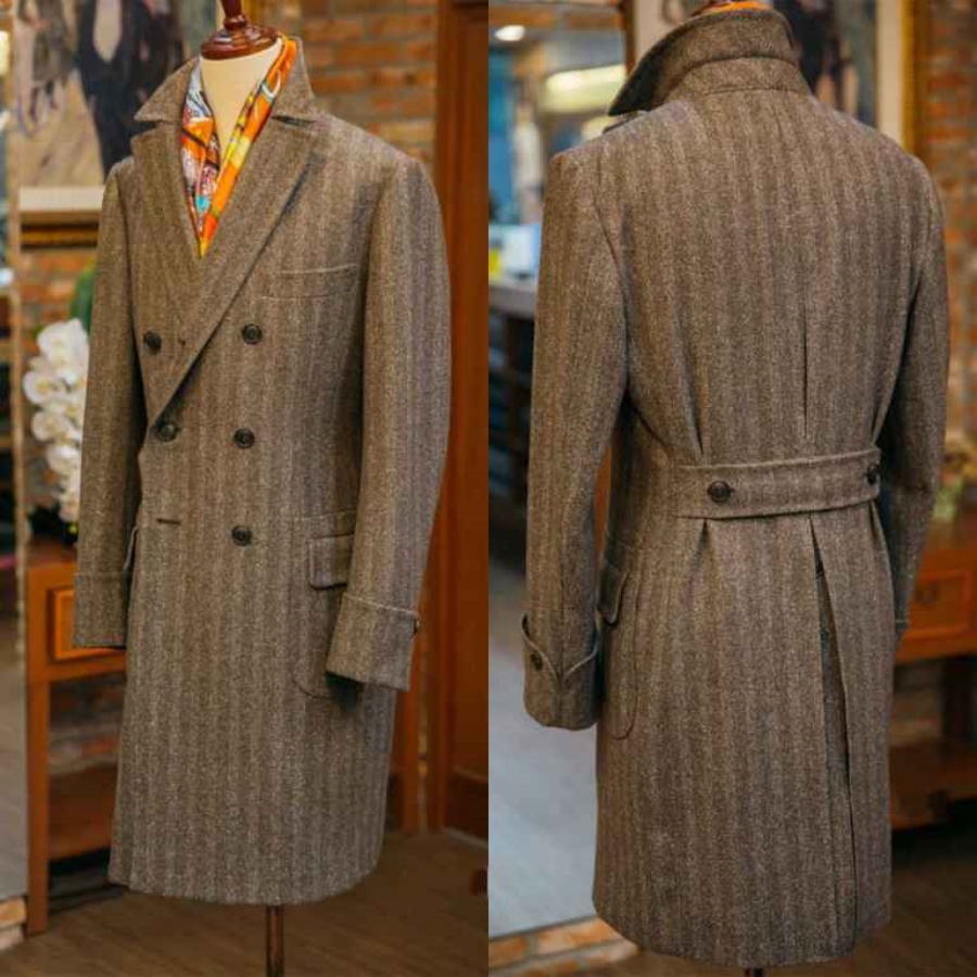 Trench da uomo a righe spesse personalizzato Cappotto da lavoro francese Cappotto invernale in lana calda Cappotto da lavoro formale per feste in un