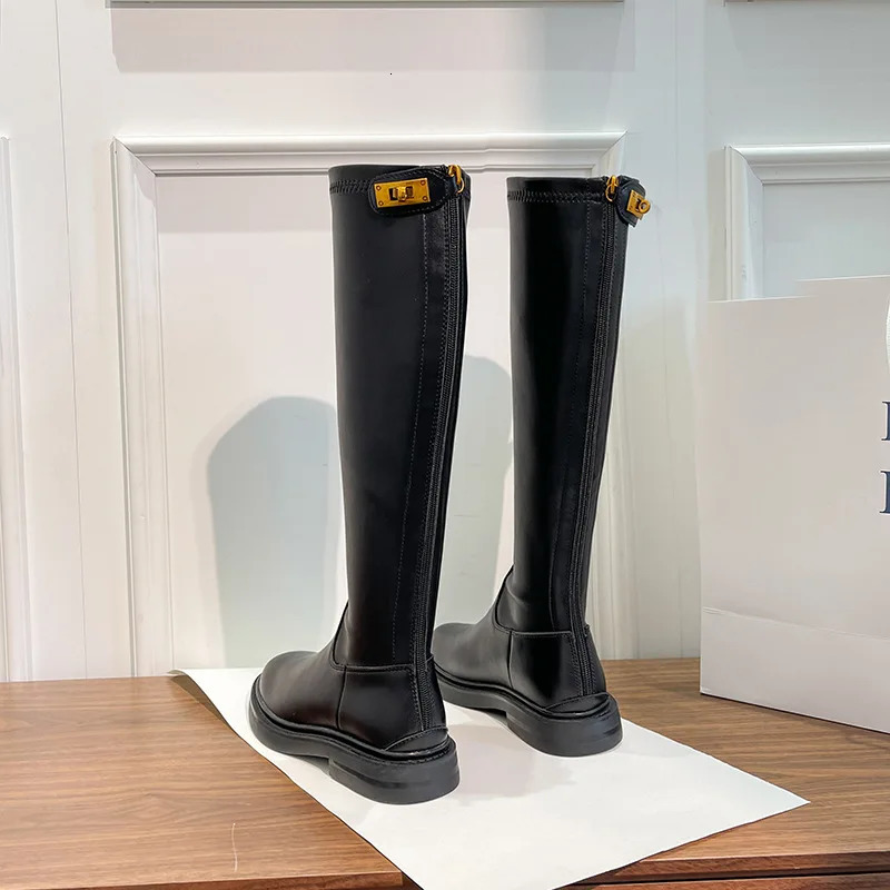 Bottes longues femmes serrure dorée chevalier automne et hiver article genou haute semelle épaisse mince élastique 251204