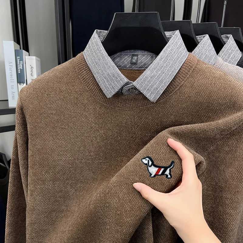 Cartoon Dog Print Mens Fake Two Piece Knitted Shirt Winter New Arrival Plush Thicken Lapel Long Sleeve Luxury Fashion Menswear W251205