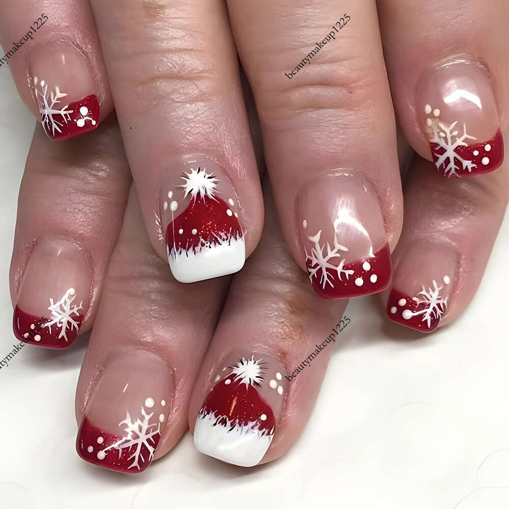 Ensemble de 24 faux ongles français à pression carrés rouges de Noël avec motif de flocon de neige de chapeau de Père Noël, adaptés aux fêtes de
