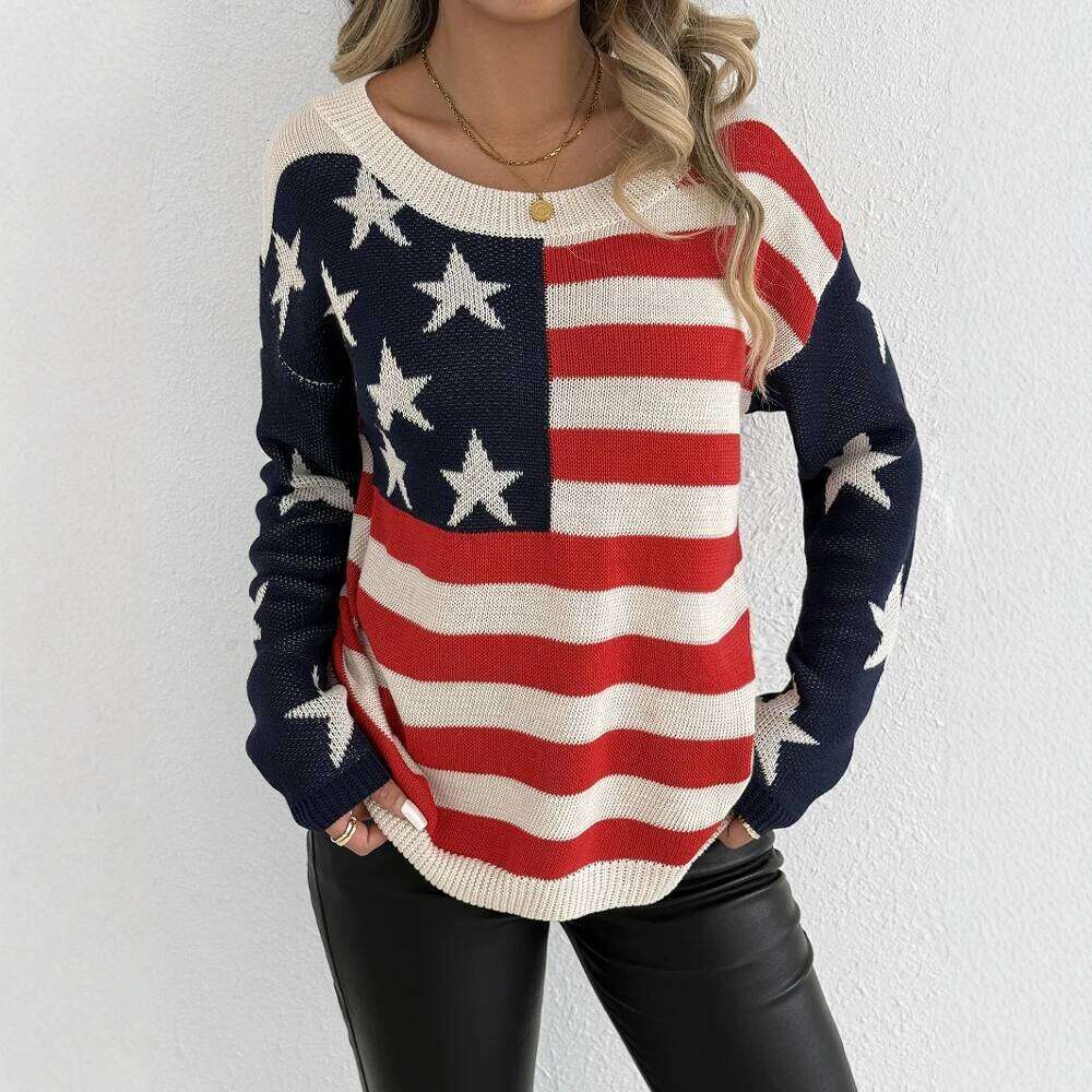 Designer Clothes Women S Autumn Winter Fashion Comfortable USA Print Long Sleeve Round Neck Daily Sweaters Hot Selling