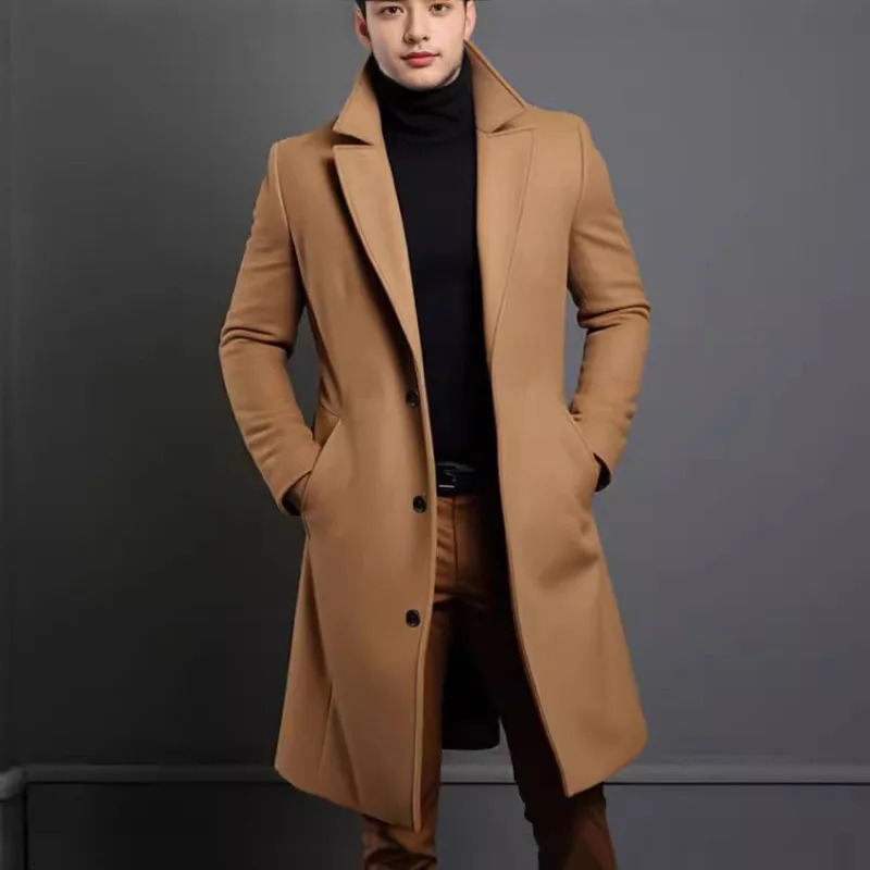 Woolen Coat Mens Long Solid Color Autumn Winter Woolen Coat Warm Youth Coat Trench Cardigan 251202