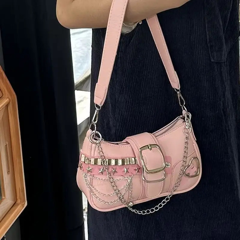 Y2K Sweet Cool Womens Underarm Bag Pink Shoulder Bags Messenger Bag Retro Female Chain Purse Armpit Handbags 251202