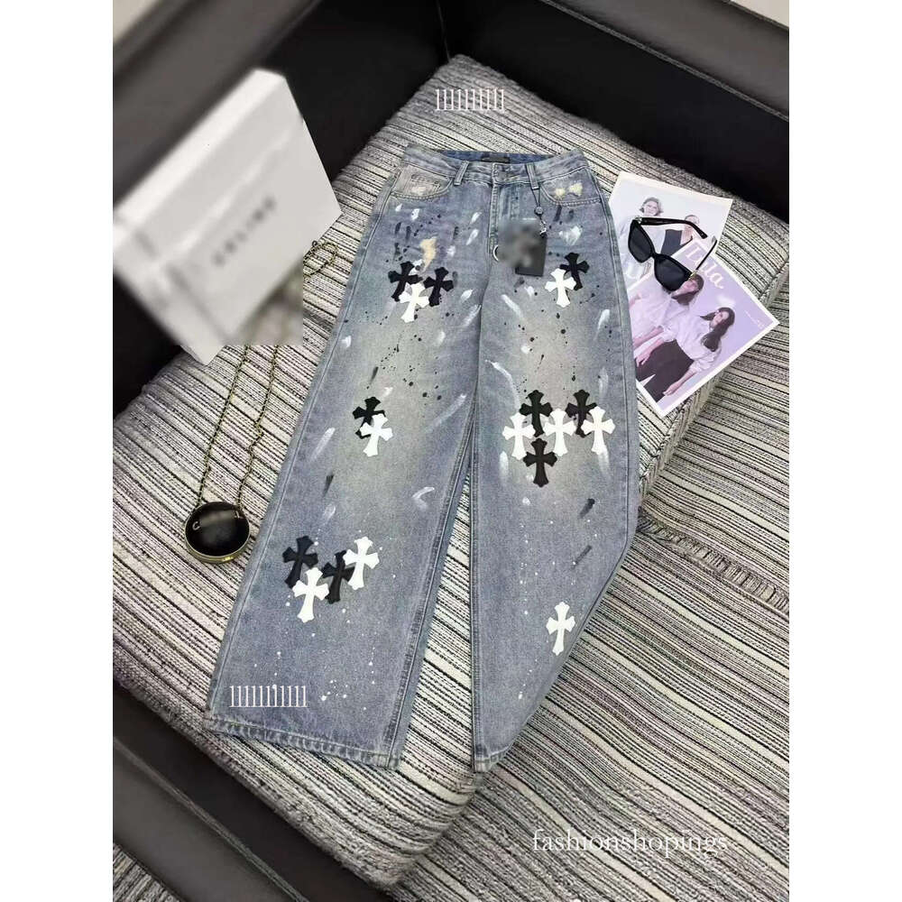 Mirror Quality Tshirt Designer Cross Printed Pattern Tight Jeans Brand Hoodie Leggings Women Fashion Hiphop Casual High Street Chrome Pants E68 D48