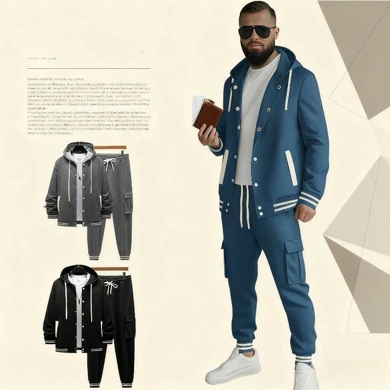 Mens 2 Piece Set Winter 2025 Hooded Baseball Jacket with Cargo Pants Twill Workwear Tracksuit for Men Autumn Casual Outfit X251205