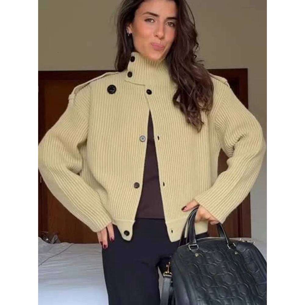 TFMLN Women's Knitted Cardigan Solid Stand-Up Collar Epaulet Single Breasted Female Sweater Coat Loose Fit Casual Knitwear