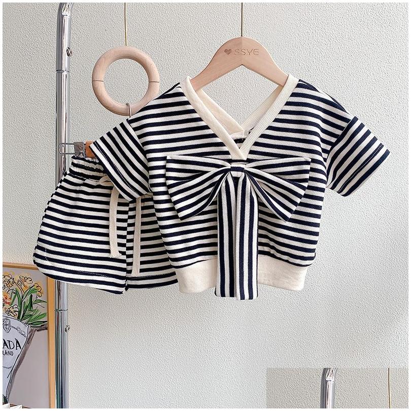Clothing Sets Girls Set Stripe Fashion Bow Vneck Shirt And Shorts Childrens Preschool 230505 Drop Delivery Baby Kids Maternity Otxnu H251208-image-1087662851