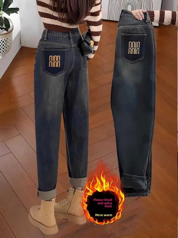 Plus Size Harlem Jeans for Women Fall Winter 2025 Fleece Lined Loose Hip Covering Carrot Pants High Waist Dad JeansT251205