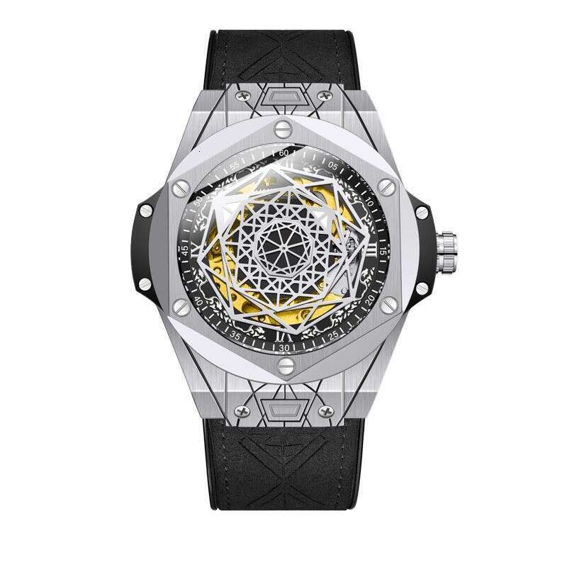 fashion trend mens genuine leather skeleton automatic mechanical watch