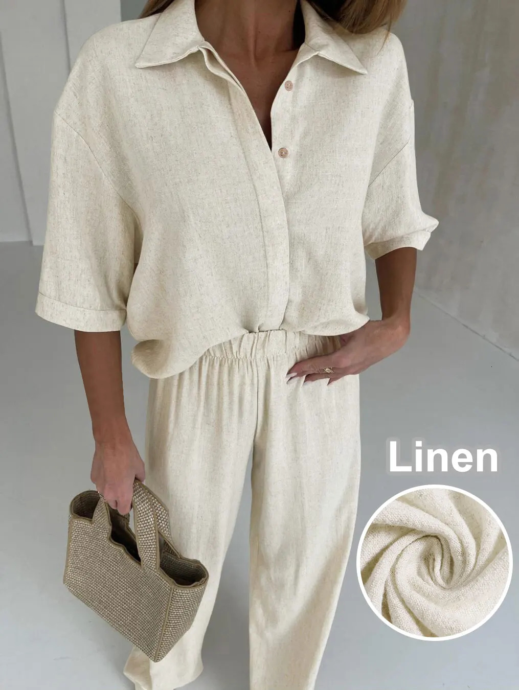 Ensemble chemise à manches mi-longues et pantalon long en lin pour femme, coupe décontractée et style décontracté pour un confort quotidien, 2512