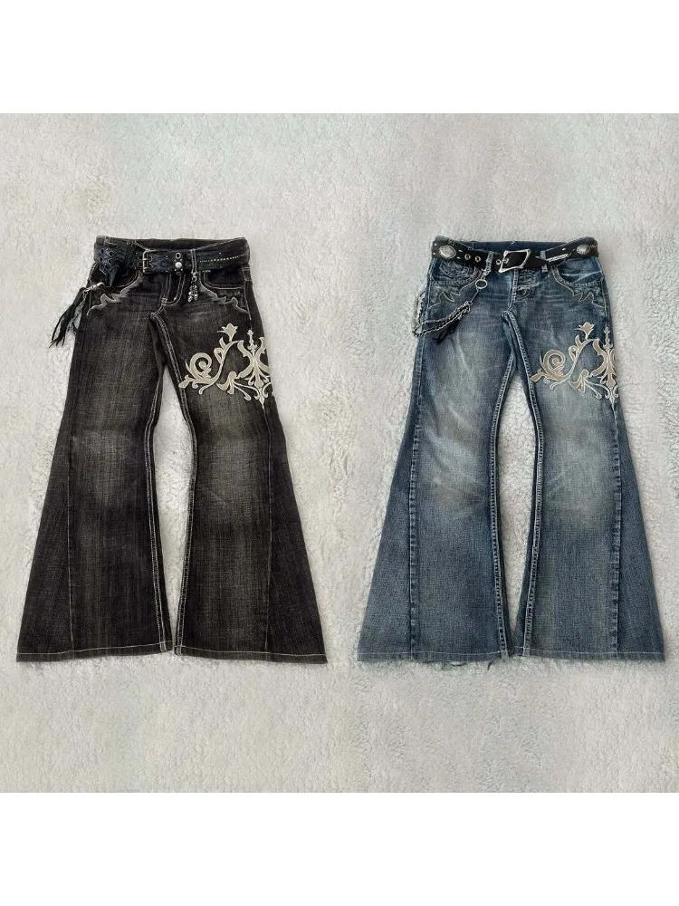 HOUZHOU Vintage broderie Patchwork femmes jean évasé Y2k Harajuku jambe large Style américain Denim pantalon Baggy Punk Streetwear 251205