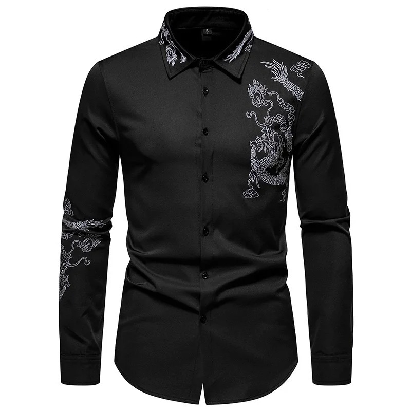 Chemise à manches longues brodée Dragon automne et hiver simple boutonnage coupe ajustée bouton rétro robe sociale chemise Street Wear 251204