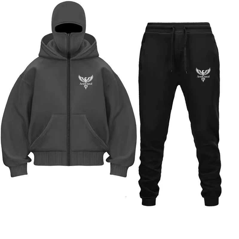 Hip Hop Double Chapeau Sweats À Capuche Pantalon Ensemble Conception Unique Balaclava Masque À Capuche Cardigan À Fermeture Éclair Sweat Couplesh
