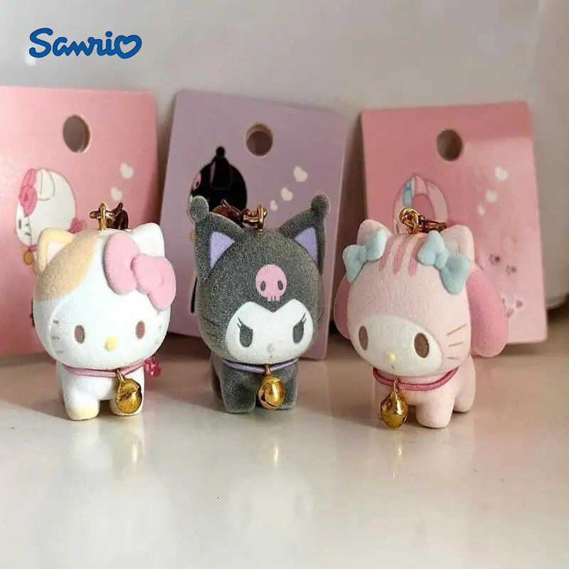 Sanrio Kawaii Kuromi Flocking Keychain with Bell Cartoon Hello Kitty Doll Backpack Decoration Toys Gifts H251205-image-1087317720