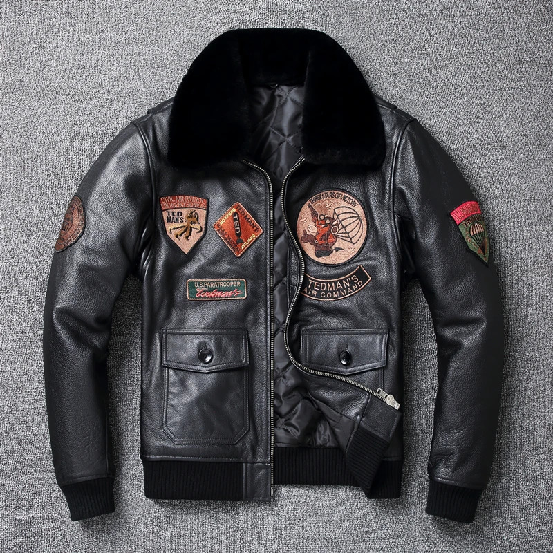 Veste en cuir véritable pour hommes, col en fourrure épaissie, véritable peau de vache naturelle, manteau d'aviation de Style militaire d'hiver 2