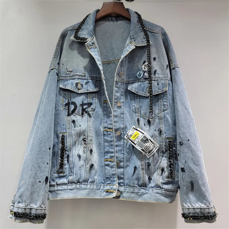 YEAE mode femmes décontracté lettre Graffiti n Denim veste 2025 printemps à la mode revers manches longues manteau ample femme 251129