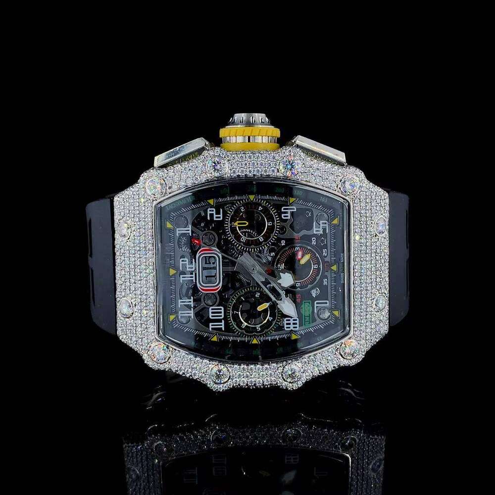 Working VVS Moissanite Diamond Iced Out Hip Hop Cuban Link Style Sport Fashion Square Case for Him Men's Wrist Watch Gift