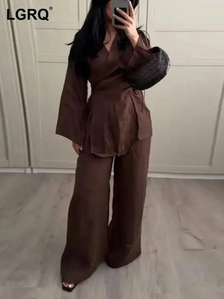 LGRQ summer clothing full sleevees brown color cotton and linen drawstring shirt and long pants two pieces set 251204