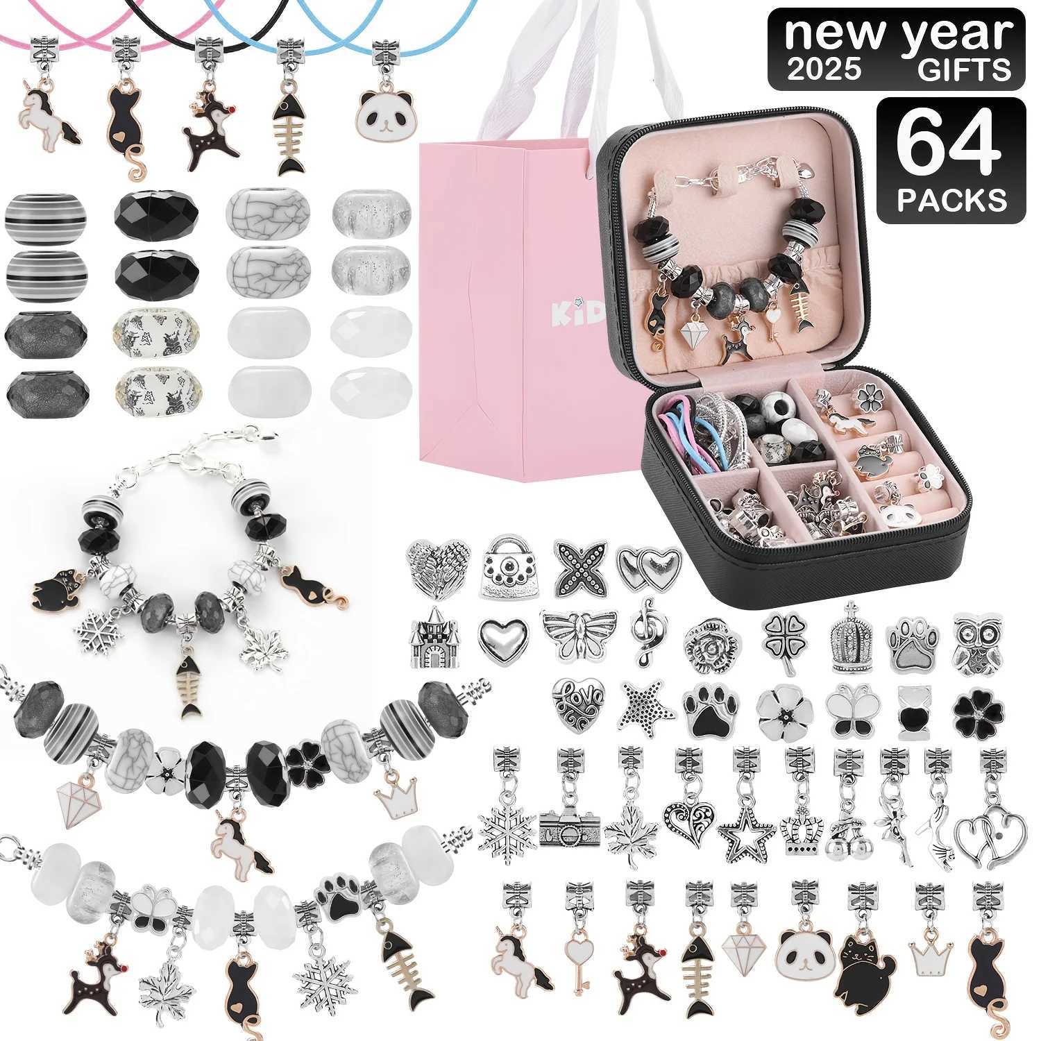 64pcs chat noir panda charmes arts artisanat cadeaux ensemble kit de perles avec une boîte à bijoux noire - bracelet à breloques kit de fabricati